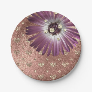 Flower Purple Blush Hearts Rose Gold Diamond Glass Paper Plate