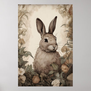 Flower rabbit bunny print, rustic hare cottagecore poster