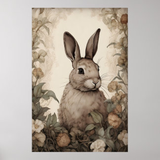 Flower Rabbit Bunny Print, Rustic Hare Cottagecore Poster