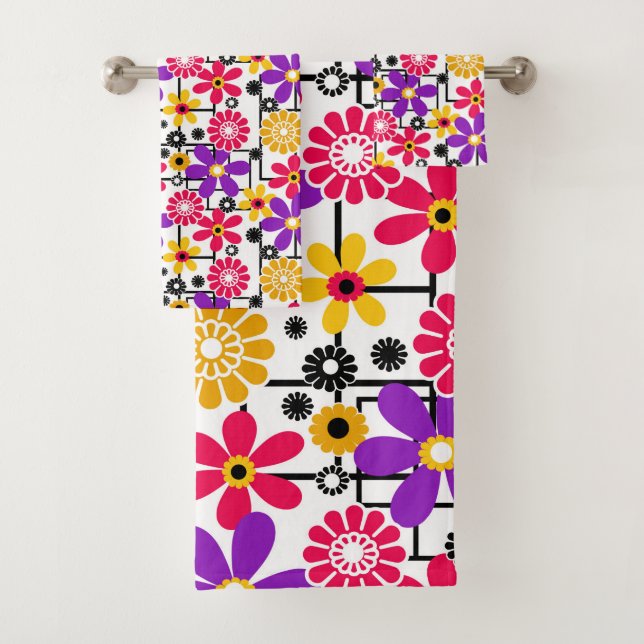 Flower retro, bright retro, floral, red and yellow bath towel set (Insitu)