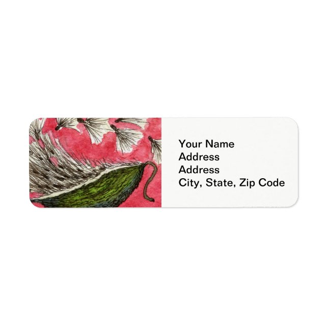 Flower Return Address Label , milkweed pod. (Front)