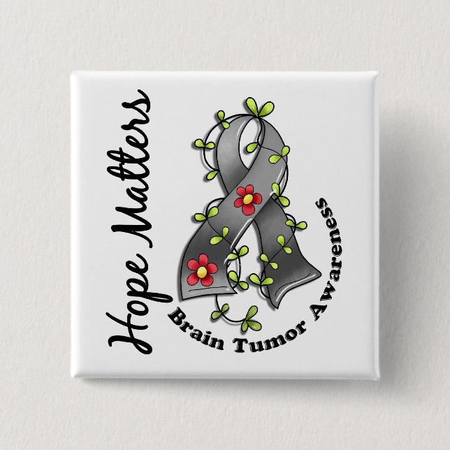 Flower Ribbon 4 Hope Matters Brain Tumour 2 Inch Square Button (Front)