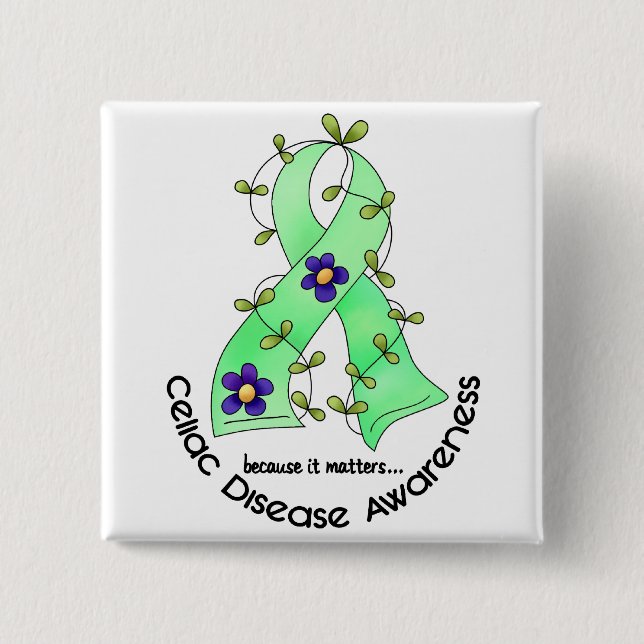 Flower Ribbon CELIAC DISEASE AWARENESS T-Shirts 2 Inch Square Button (Front)