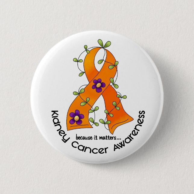 Flower Ribbon KIDNEY CANCER (with Orange Ribbon) 2 Inch Round Button (Front)