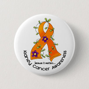 Flower Ribbon KIDNEY CANCER (with Orange Ribbon) 2 Inch Round Button