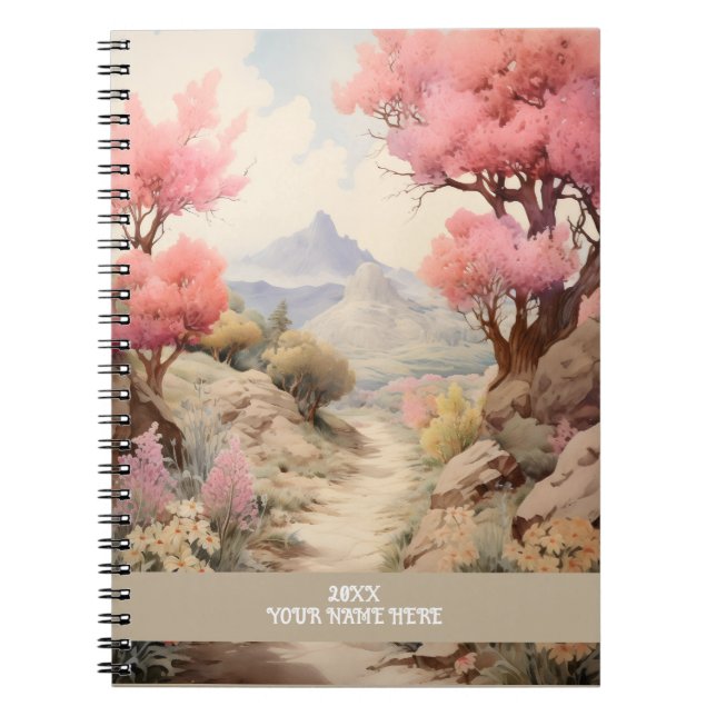 Flower road path mountain view Pink Notebook (Front)