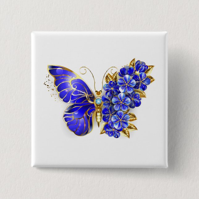 Flower Sapphire Butterfly 2 Inch Square Button (Front)