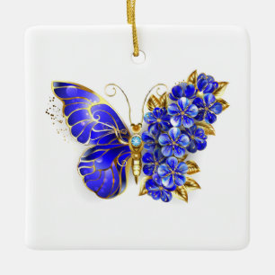 Flower Sapphire Butterfly Ceramic Ornament