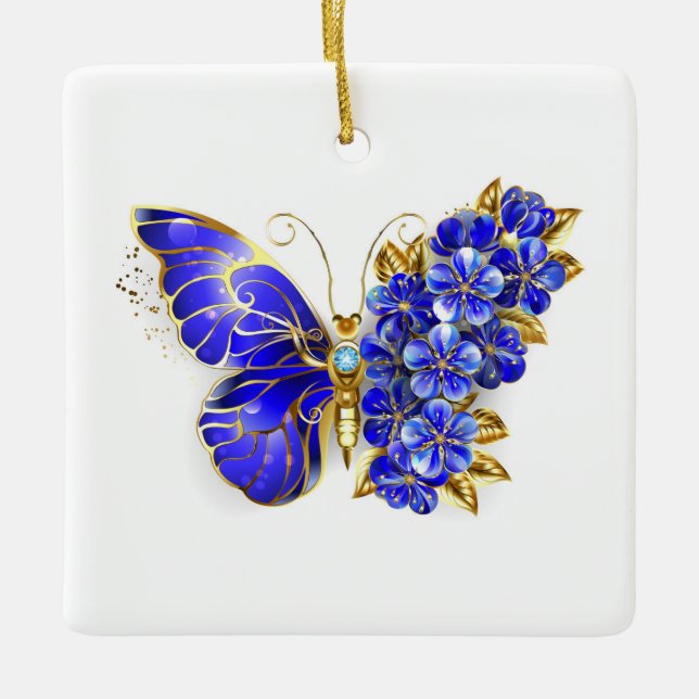 Flower Sapphire Butterfly Ceramic Ornament (Front)