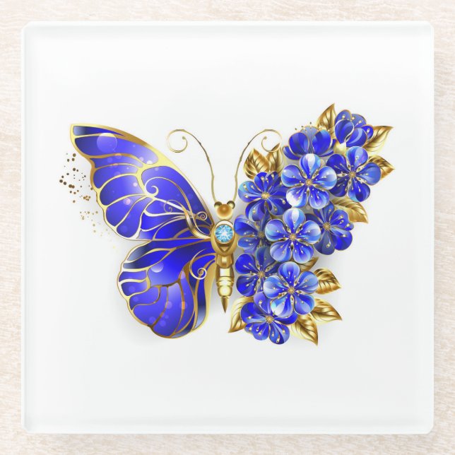 Flower Sapphire Butterfly Glass Coaster (Front)