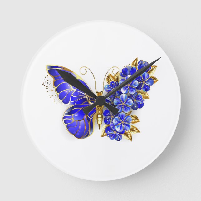 Flower Sapphire Butterfly Round Clock (Front)