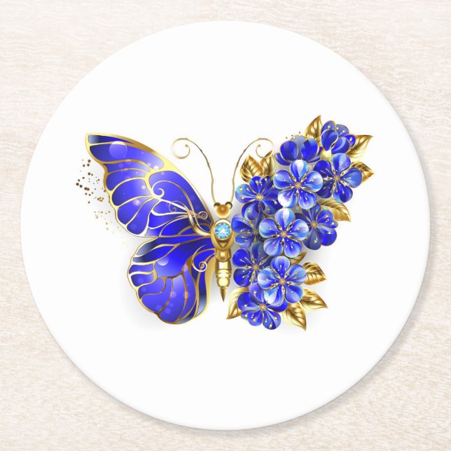 Flower Sapphire Butterfly Round Paper Coaster (Front)