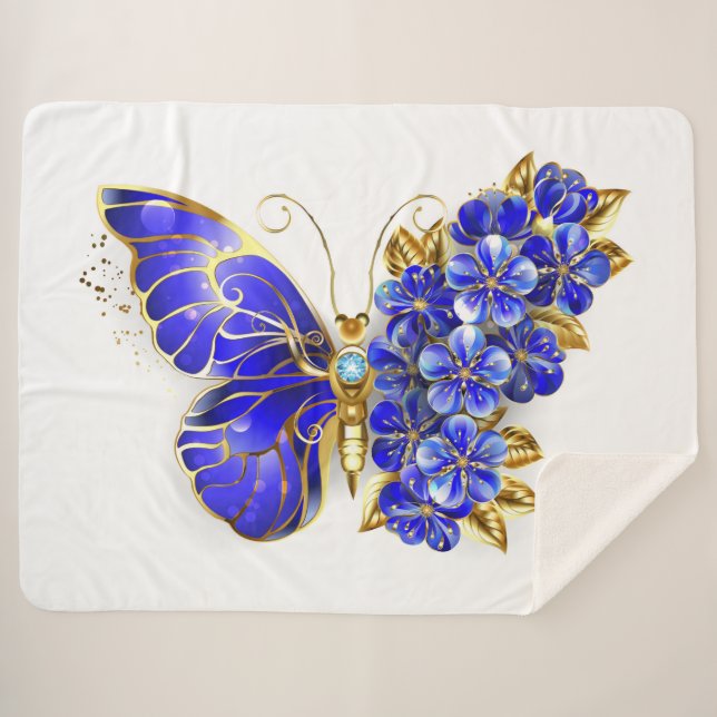 Flower Sapphire Butterfly Sherpa Blanket (Front (Horizontal))