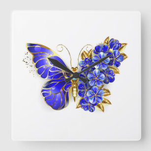 Flower Sapphire Butterfly Square Wall Clock
