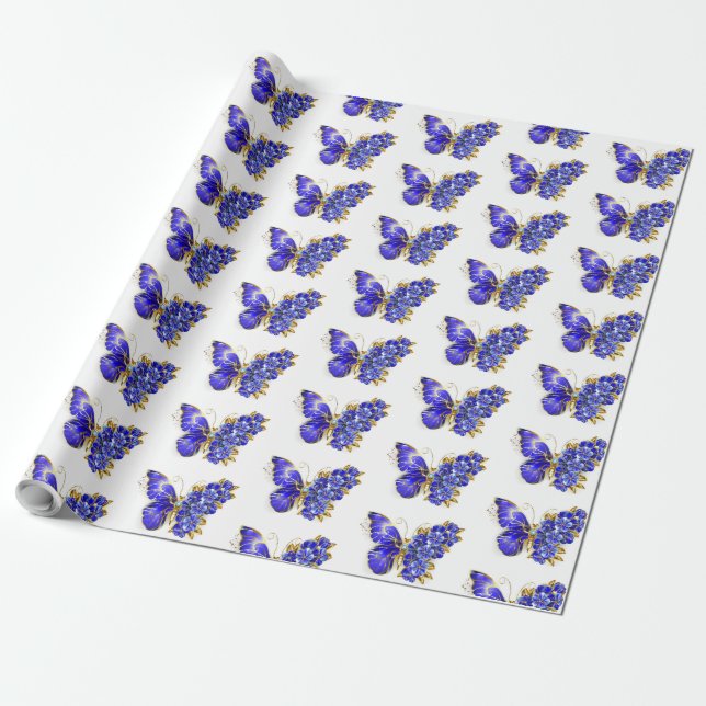Flower Sapphire Butterfly Wrapping Paper (Unrolled)