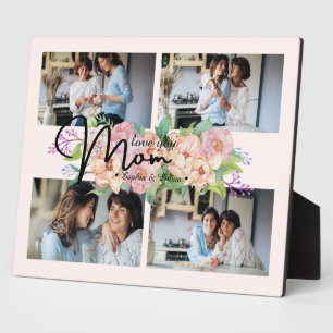 Flower Script Love You Mom 4 Photo Collage Plaque