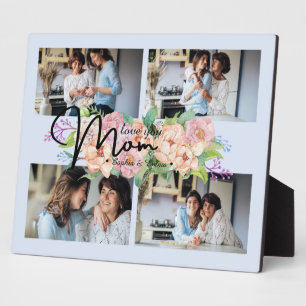 Flower Script Love You Mom 4 Photo Collage Plaque