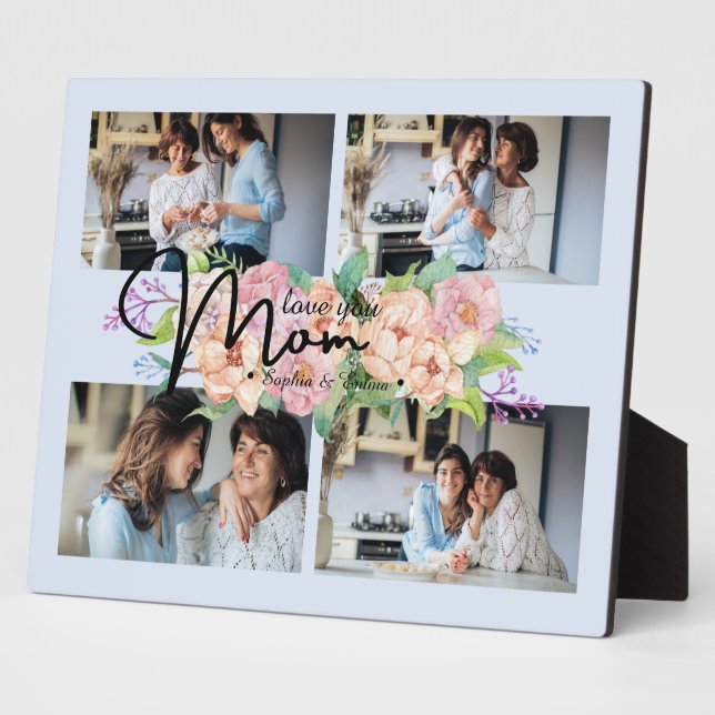 Flower Script Love You Mom 4 Photo Collage Plaque (Side)