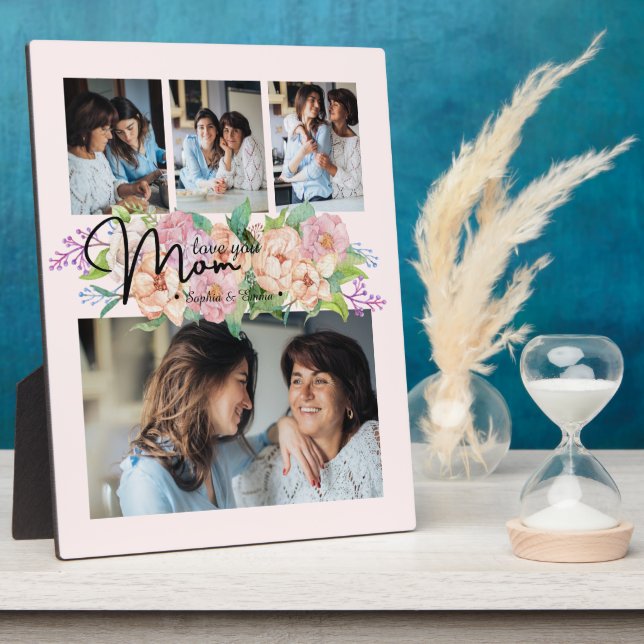 Flower Script Love You Mom 4 Photo Collage Plaque (Side)