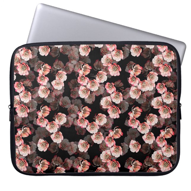 Flower seamless pattern bloom peony on black laptop sleeve (Front)