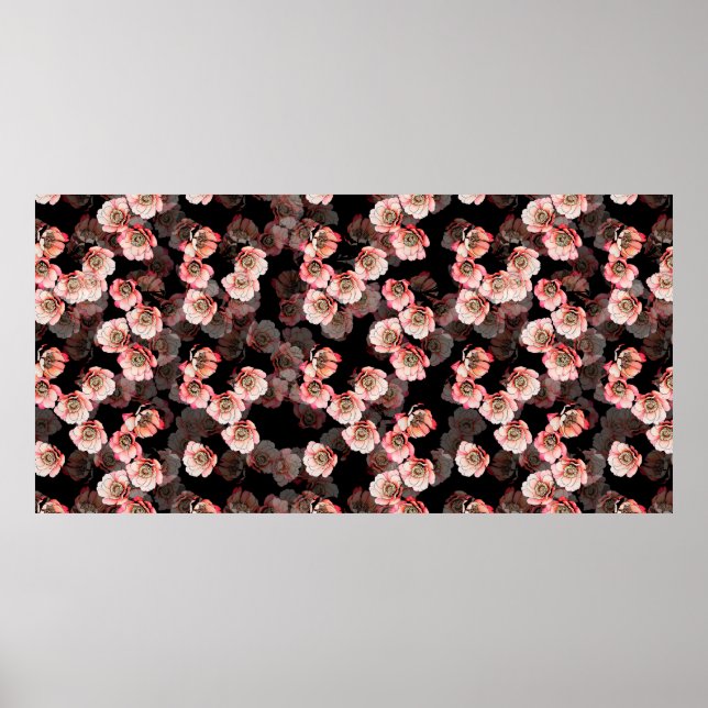 Flower seamless pattern bloom peony on black poster (Front)