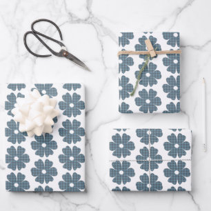 Flower Shape Plaid Blue Gray Wrapping Paper Sheet