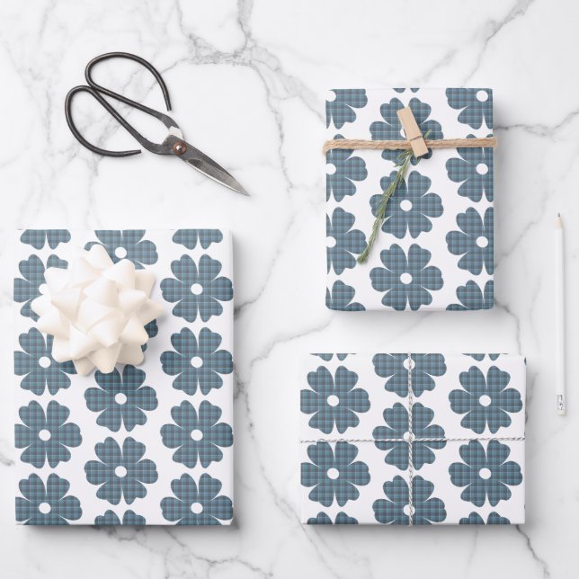 Flower Shape Plaid Blue Gray Wrapping Paper Sheet (Front)