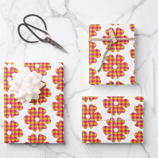 Flower Shape Plaid Yellow Orange Pink Wrapping Paper Sheet (Front)