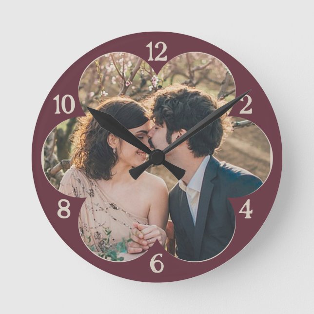 Flower Shaped Easy Custom Photo Template Burgundy Round Clock (Front)