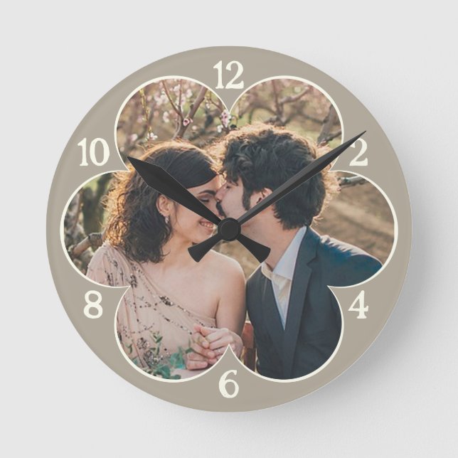 Flower Shaped Easy Custom Photo Template Taupe Round Clock (Front)