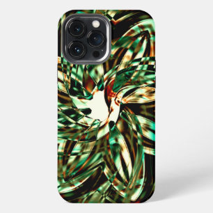 Flower-shaped metallic green stripes, shiny sepia  iPhone 13 pro max case
