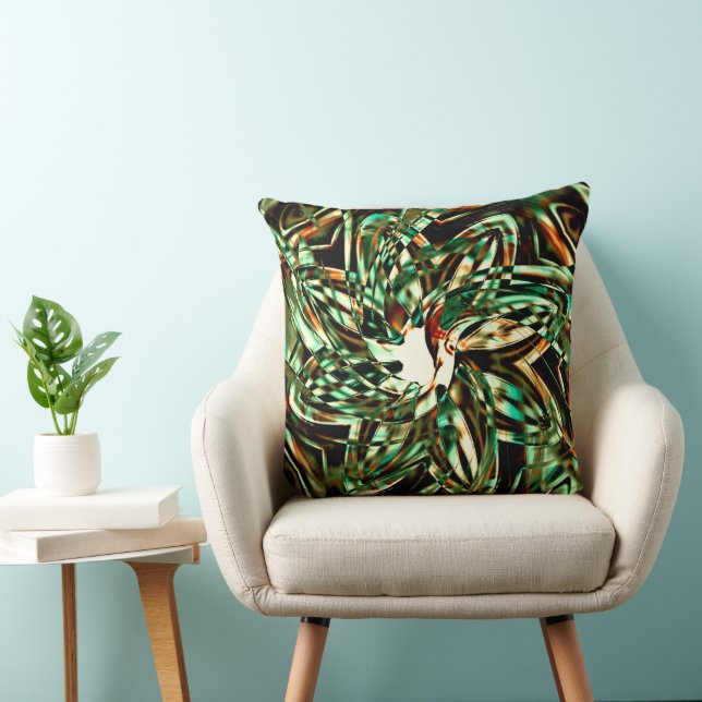 Flower-shaped metallic green stripes, shiny sepia  throw pillow (Chair)
