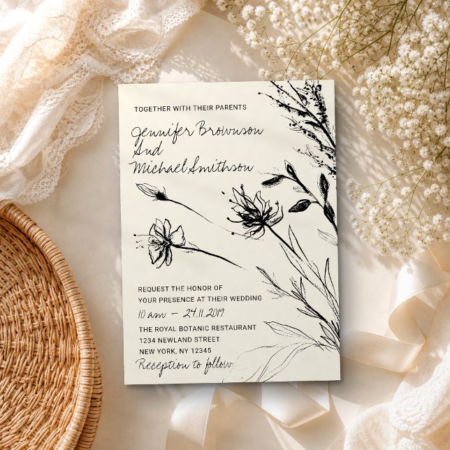 Flower Sketch Botanical Hand drawn retro paper Invitation (Creator Uploaded)