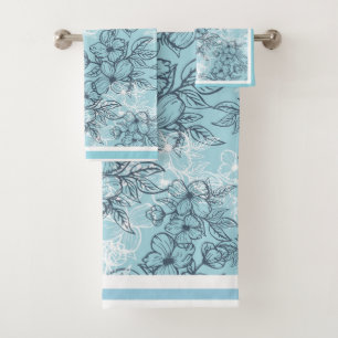 Flower Sketch Charcoal Grey and White  Bath Towel Set