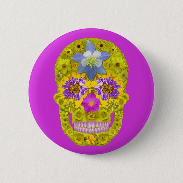 Flower Skull 3 2 Inch Round Button (Front)