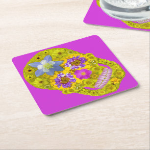 Flower Skull 3 Square Paper Coaster
