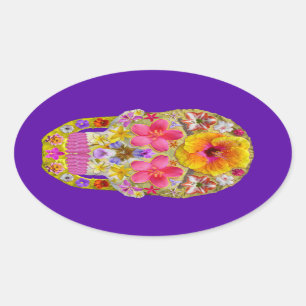 Flower Skull 4 - Tropical Oval Sticker