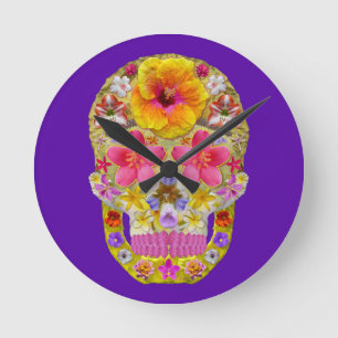 Flower Skull 4 - Tropical Round Clock