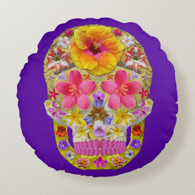 Flower Skull 4 - Tropical Round Pillow (Front)
