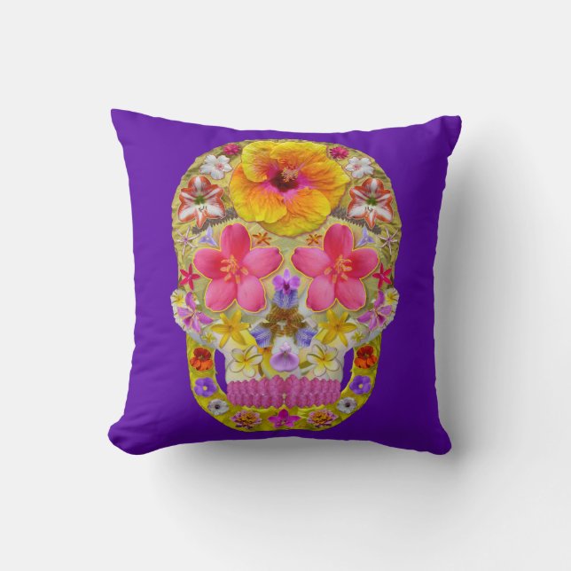 Flower Skull 4 - Tropical Throw Pillow (Front)