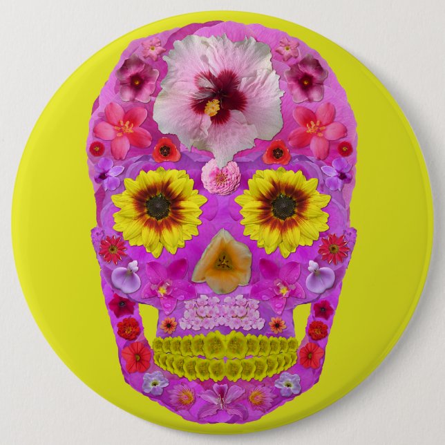 Flower Skull 7 6 Inch Round Button (Front)