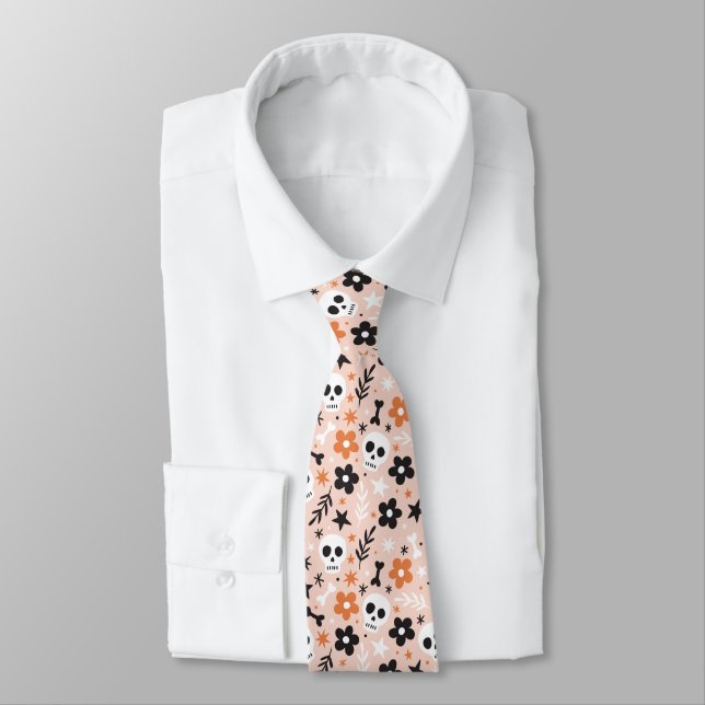 Flower Skull Pattern Tie (Tied)