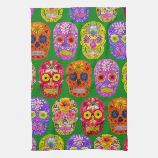 Flower Skulls Seamless Pattern 2018 Kitchen Towel (Vertical)