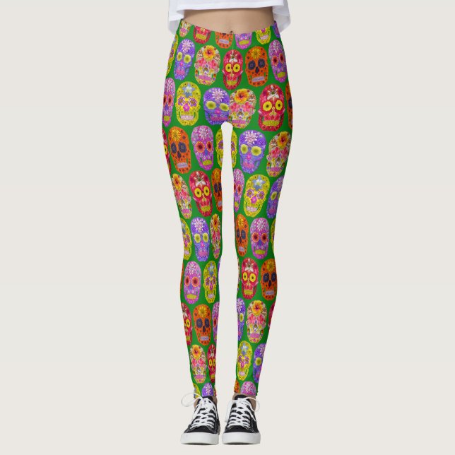 Flower Skulls Seamless Pattern 2018 Leggings (Front)