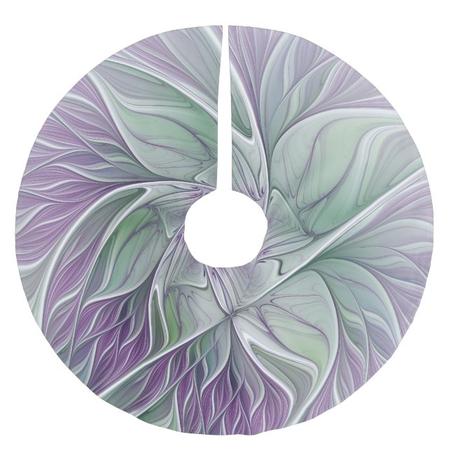 Flower Star, Abstract Purple Green Fractal Art Brushed Polyester Tree Skirt (Front)