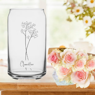 Flower stem, black script typography can glass