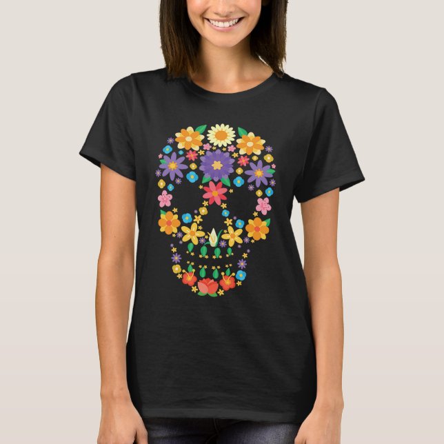 Flower Sugar Skull Halloween Day of Dead  Costume  T-Shirt (Front)