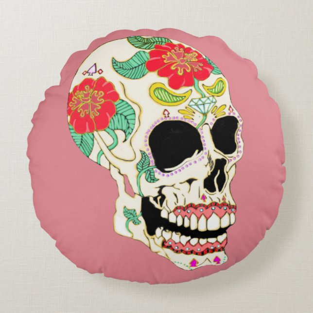 Flower Sugar Skull Round Pillow (Front)