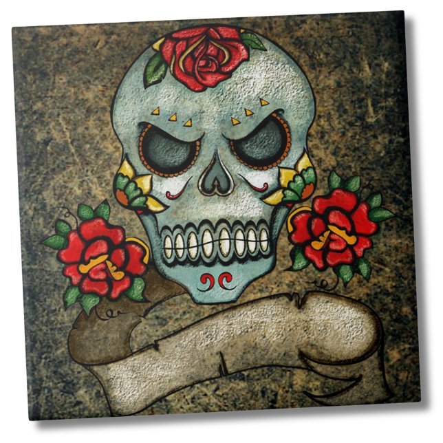 Flower Sugar Skull Tile (Dia De Los Muertos Rose Sugar Skull Ceramic Tile)