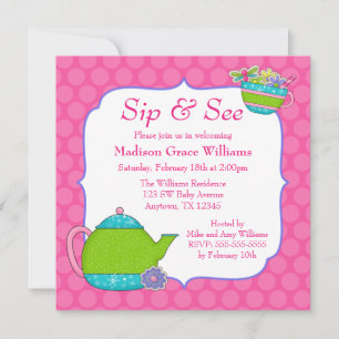 Flower Tea Cups Pink Polka Dot Sip and See Invitation